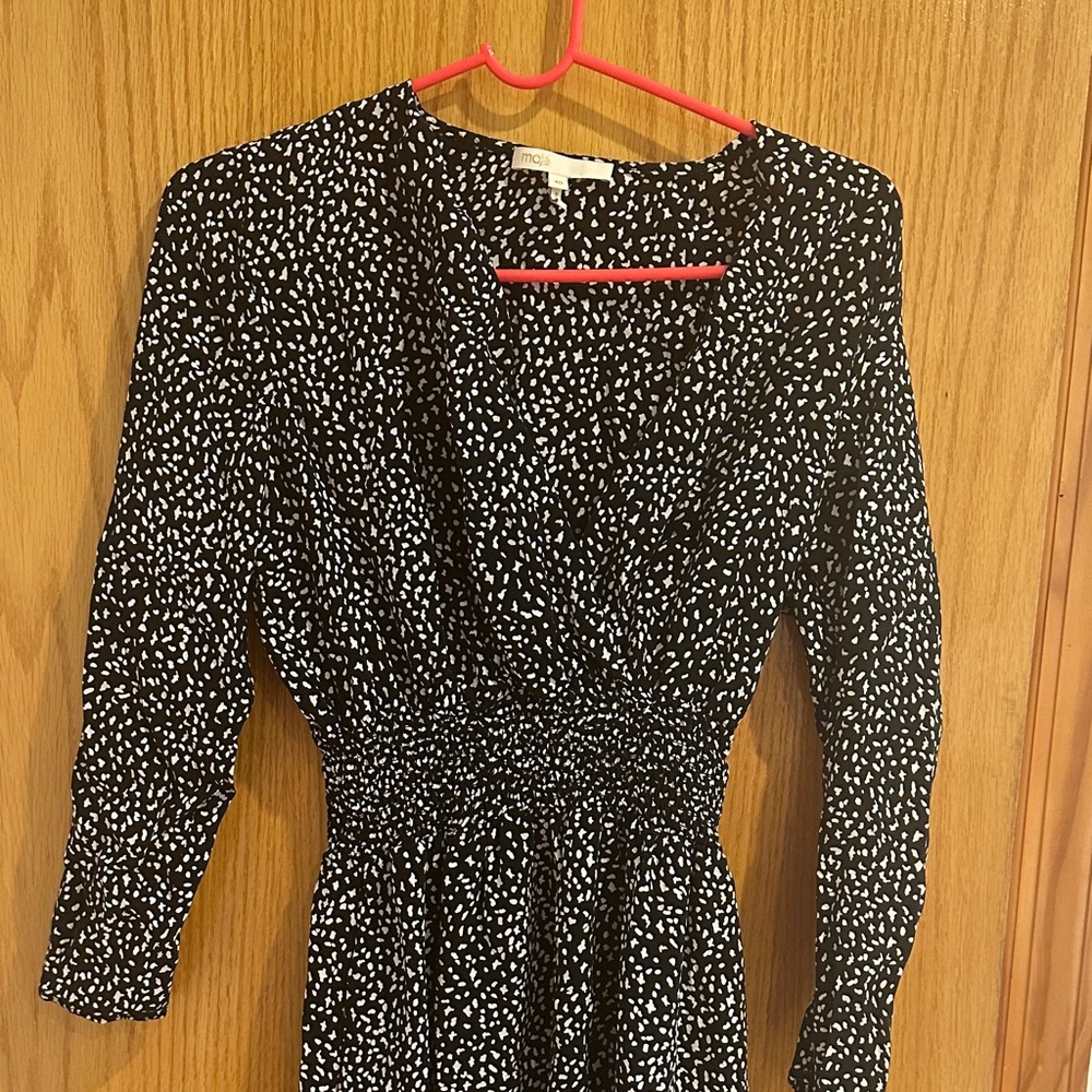 Maje Black & White Long-Sleeve Smocked-Waist Dress